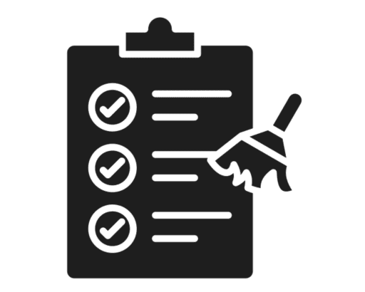 Checklist with broom icon on clipboard.