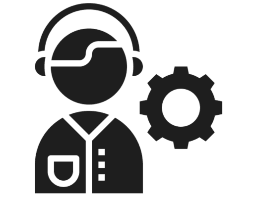 Icon of engineer with gear and headset.