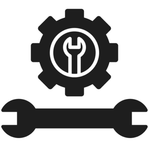 Wrench and gear icon on black background.