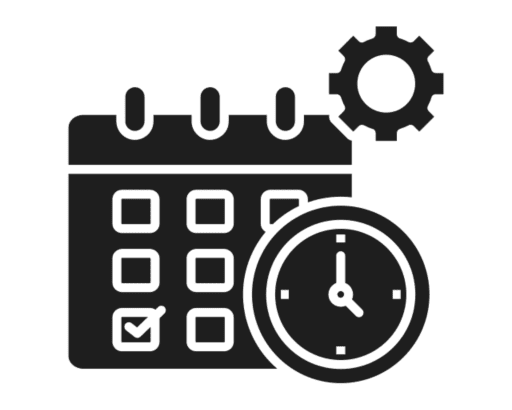 Calendar, clock, and gear icon illustration.