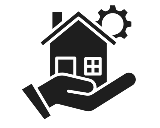 Hand holding house with gear icon.