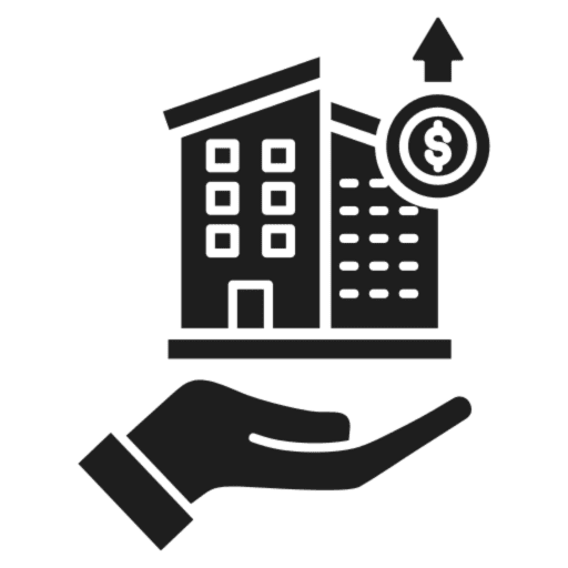 Hand holding building with dollar sign.
