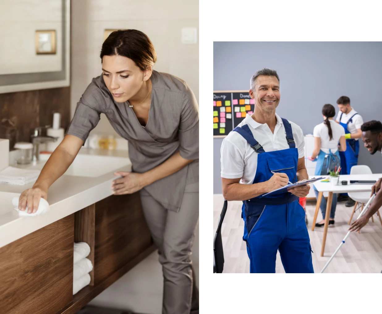 Cleaning staff working in different environments.