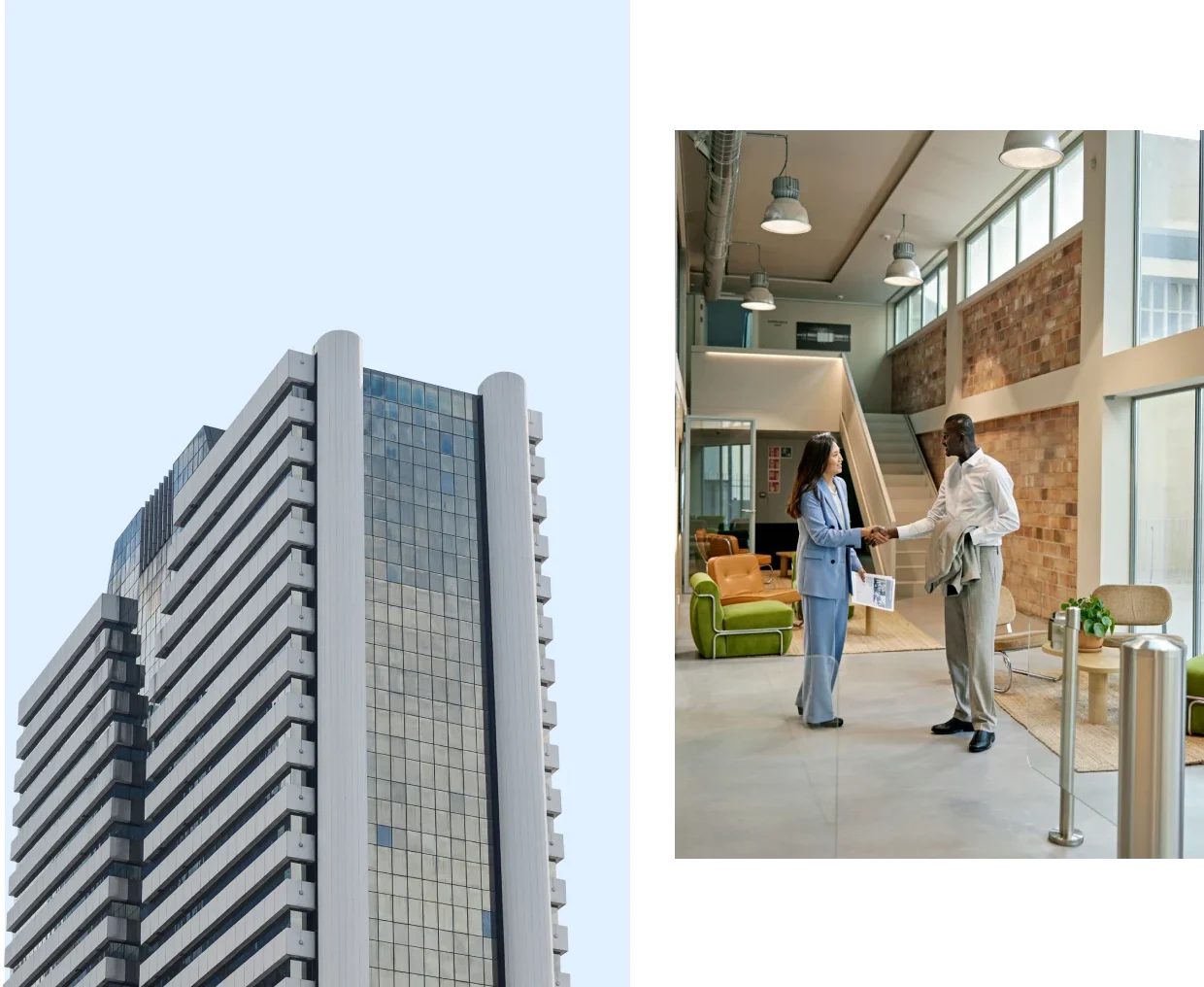 Skyscraper and two people shaking hands indoors.
