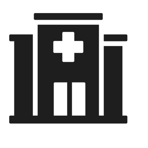 Hospital building icon with cross symbol.