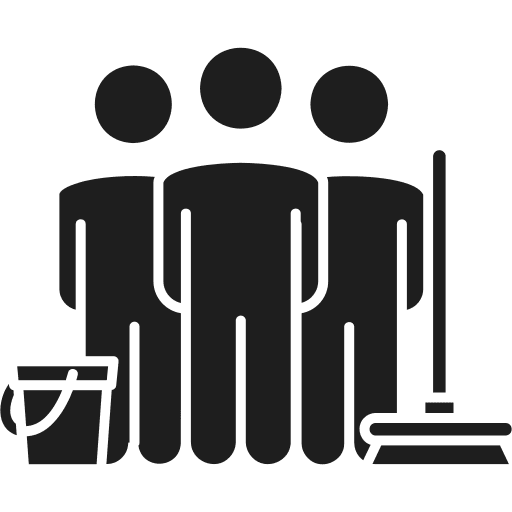 Three figures with cleaning tools icon.