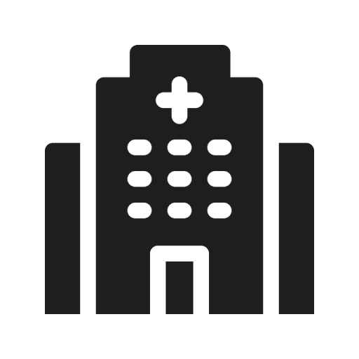 Hospital building icon with cross symbol.