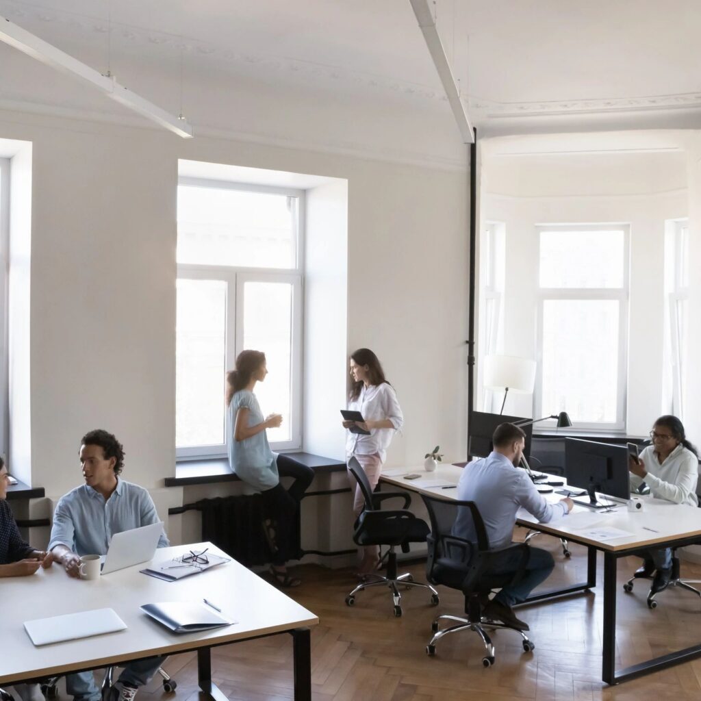 People working and talking in a bright office.
